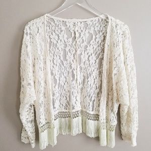 Ivory Lace/Fringe Open Front Cardigan - Size Small